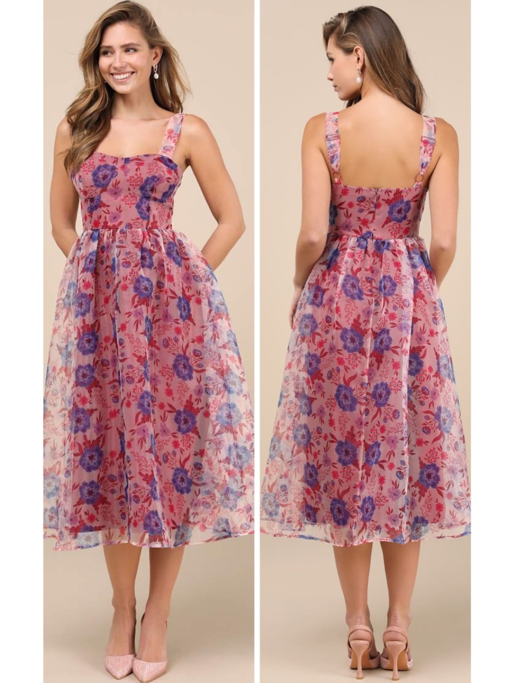 Lulus Delightful Look Magenta Floral Print Bustier Midi Skater Dress Size Large